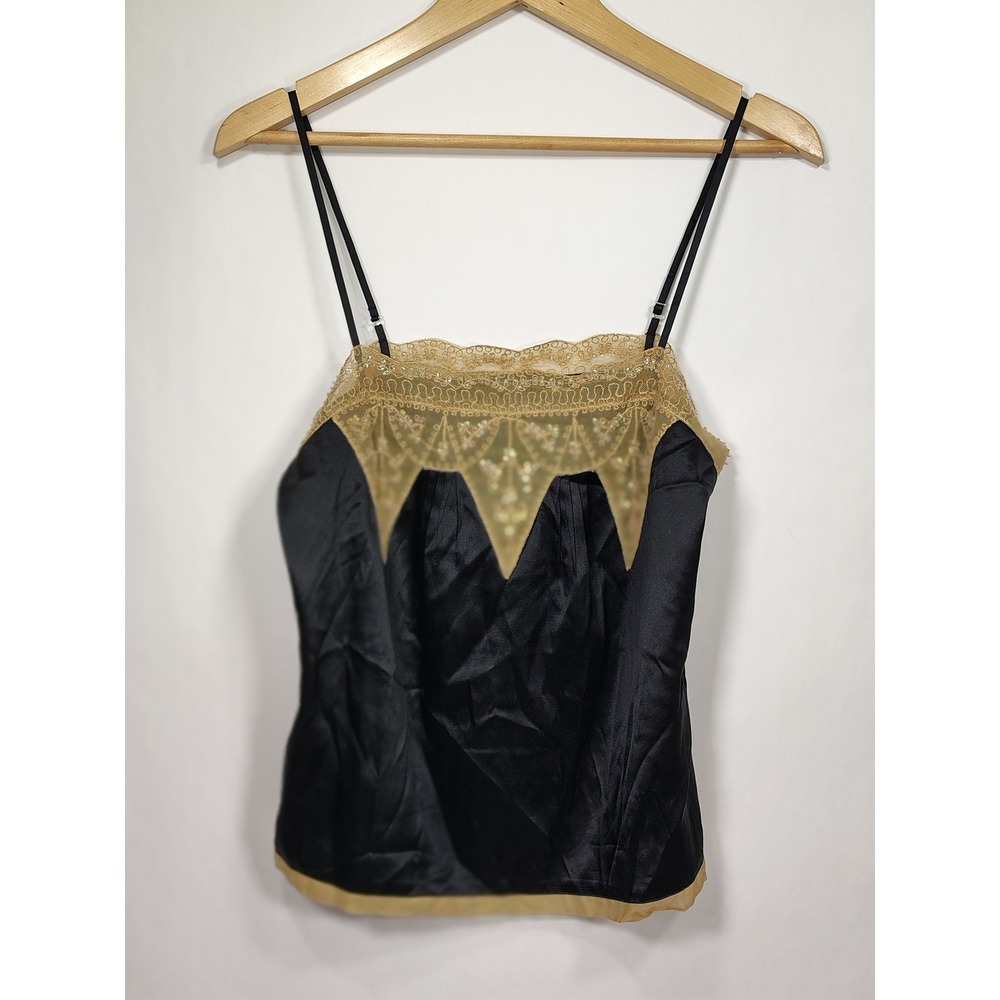 Moda International Black Silk Gold Lace Sequin Camisole Top Medium